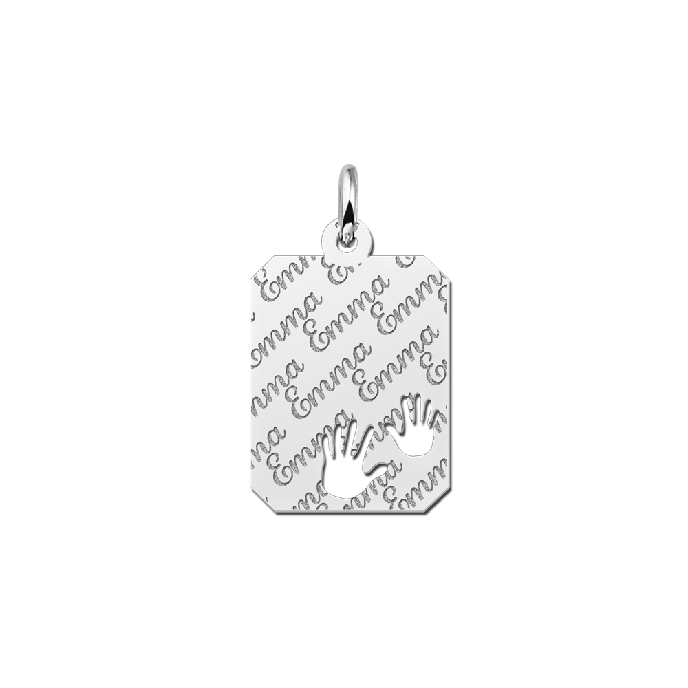 Silver rectangle nametag repeat engraving hands