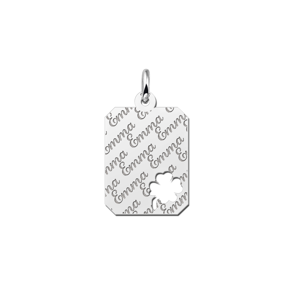Silver rectangle nametag repeat engraving 4leafclover