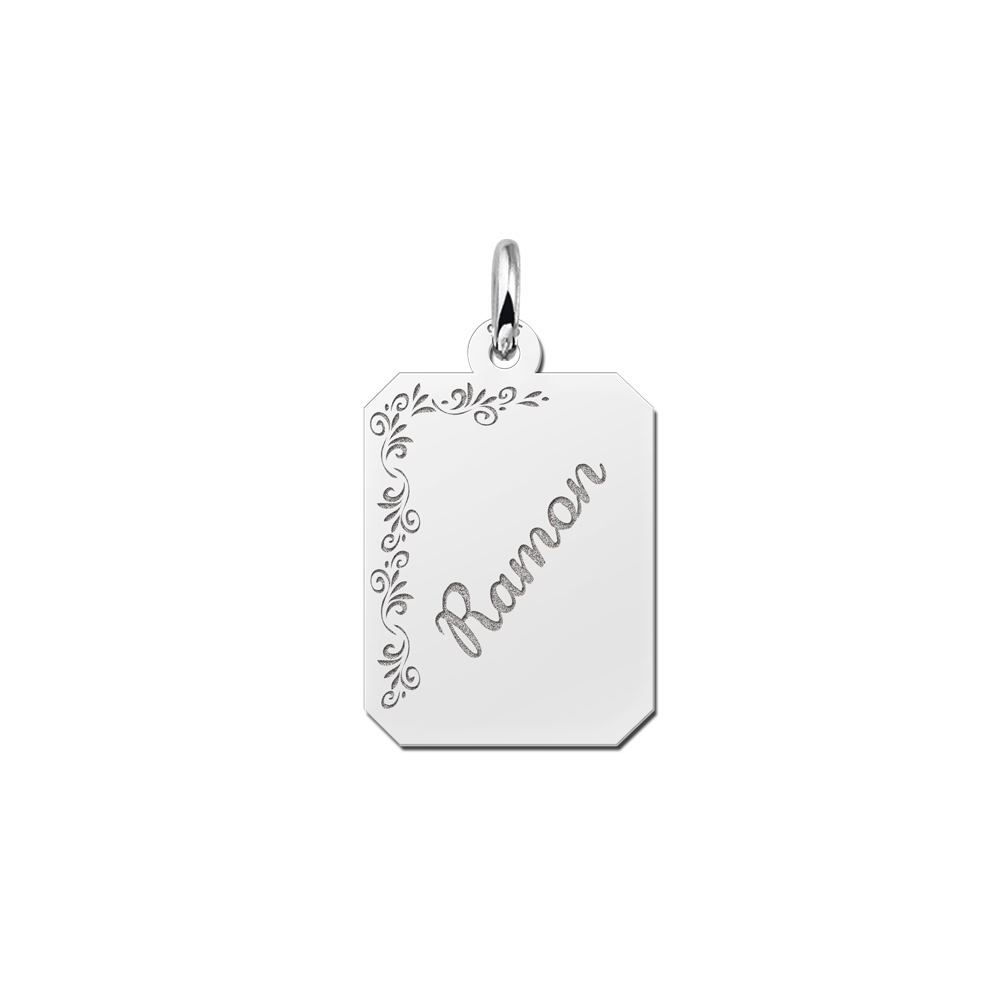 Silver engraved rectangle nametag flower design