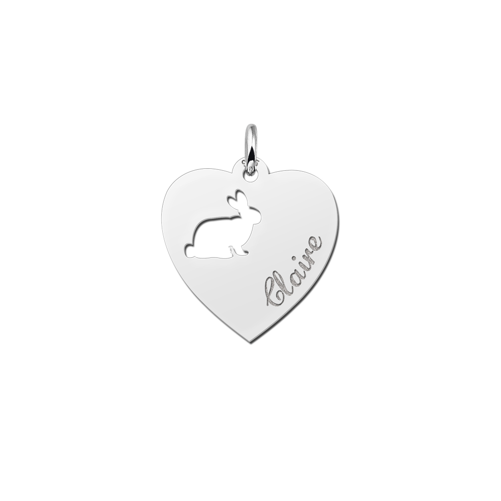 Silver engraved kids heart nametag rabbit