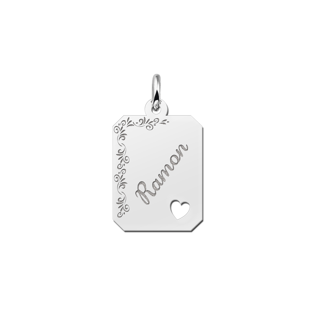 Silver engraved rectangle nametag flower design heart