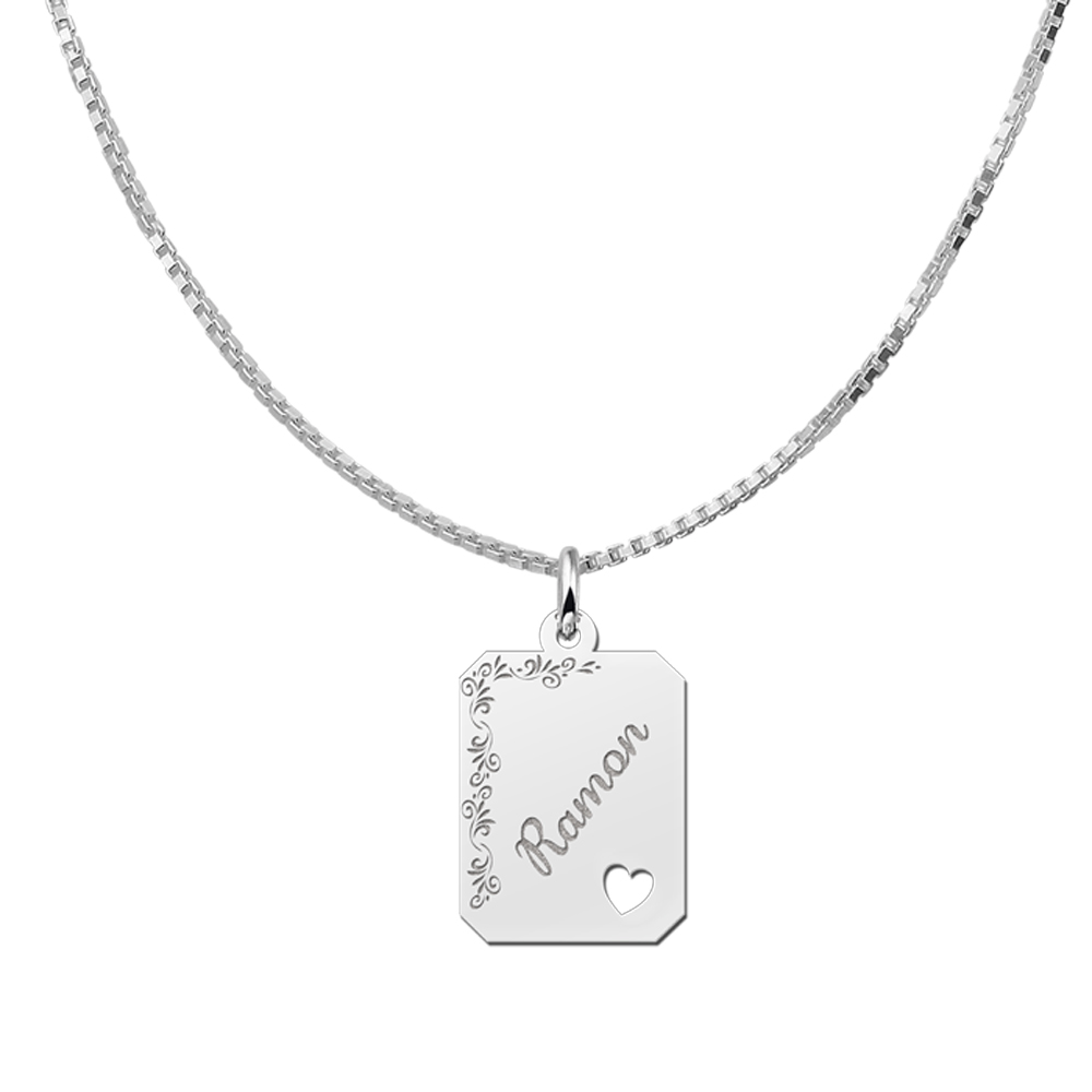 Silver engraved rectangle nametag flower design heart