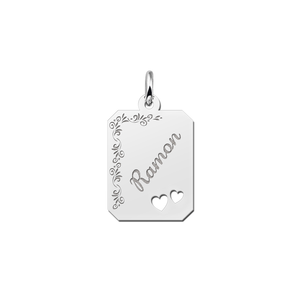 Silver engraved rectangle nametag flower design hearts