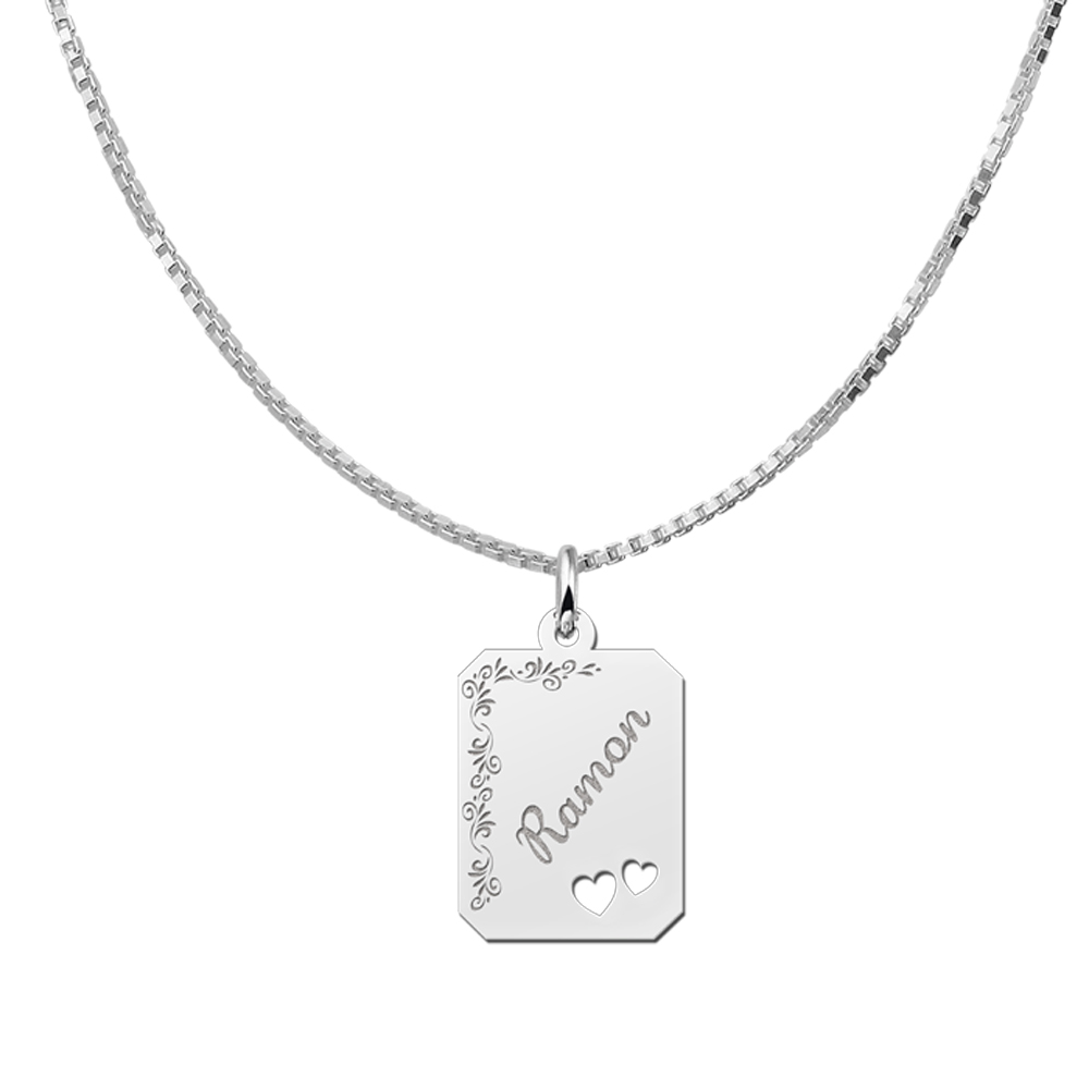 Silver engraved rectangle nametag flower design hearts