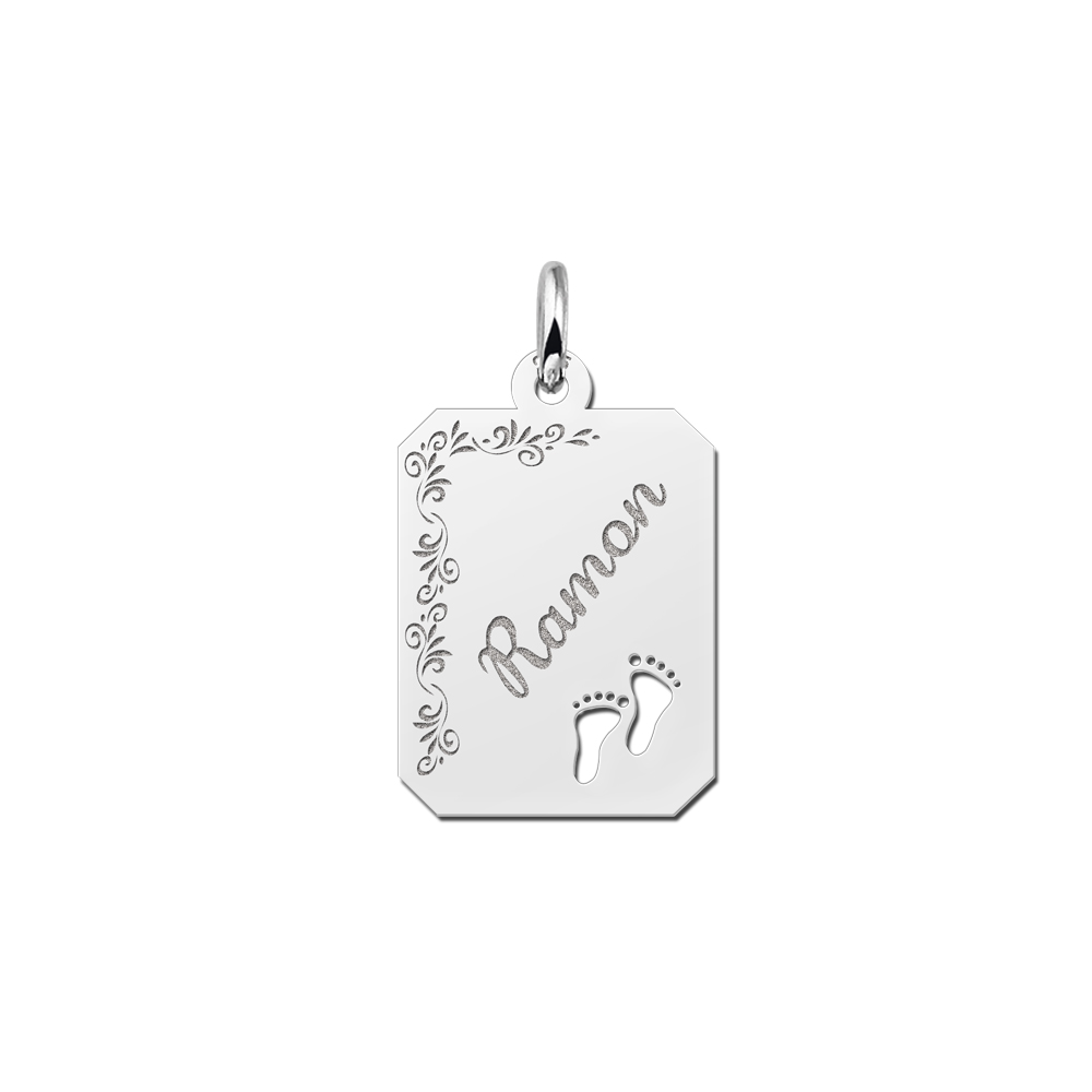 Silver engraved rectangle nametag flower design feet