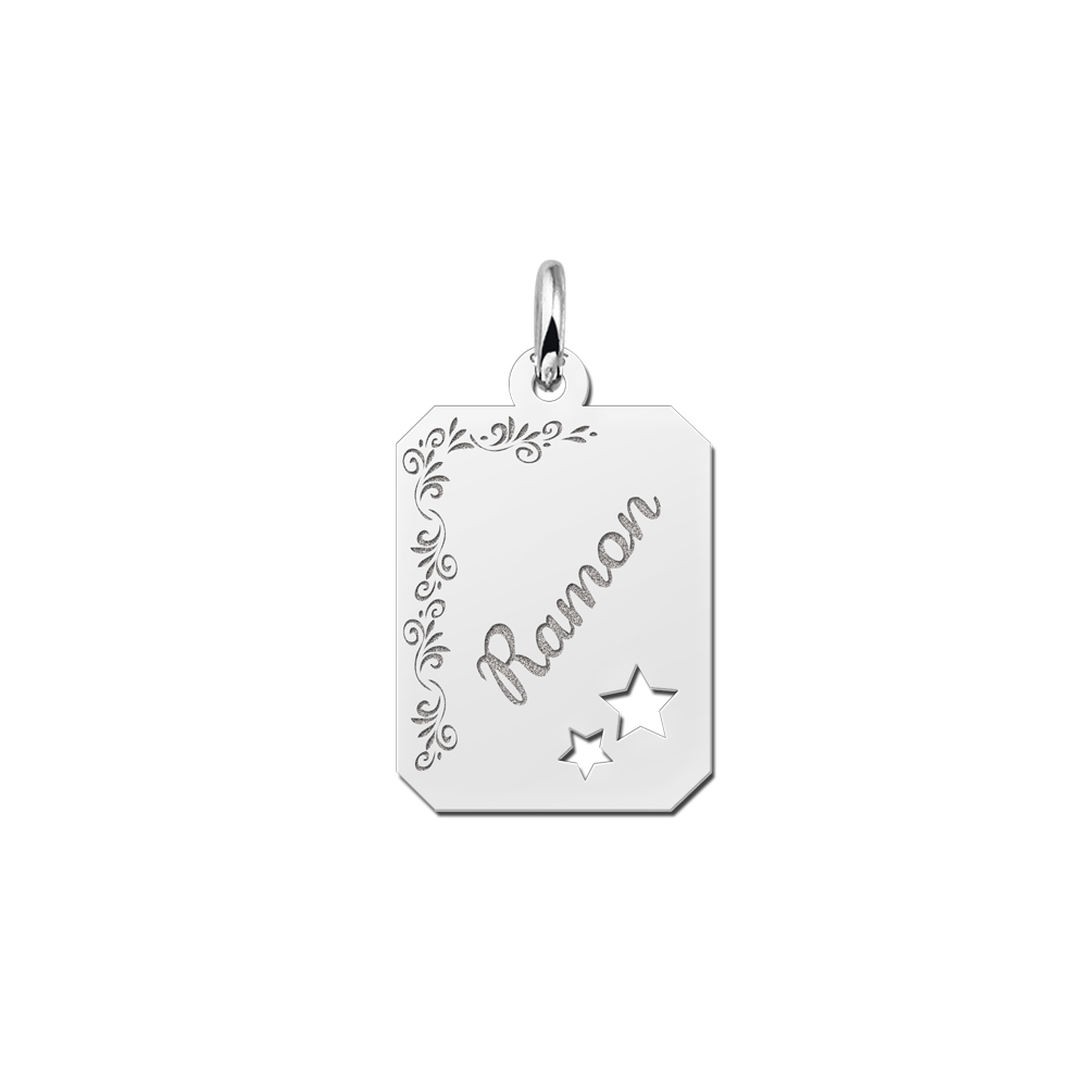 Silver engraved rectangle nametag flower design stars