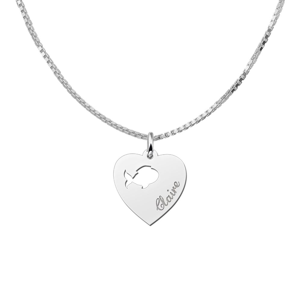 Silver engraved kids heart nametag  fish