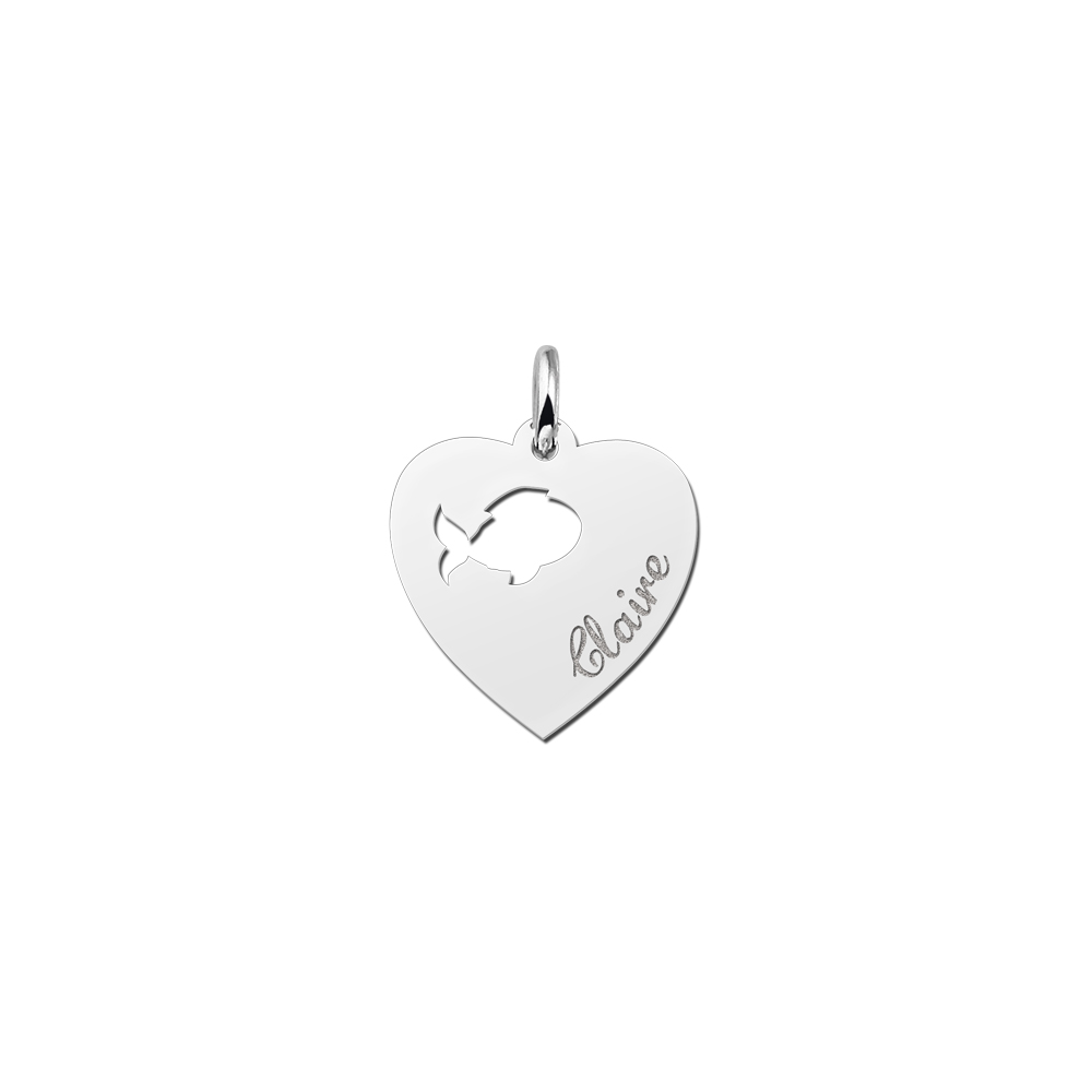 Silver engraved kids heart nametag  fish