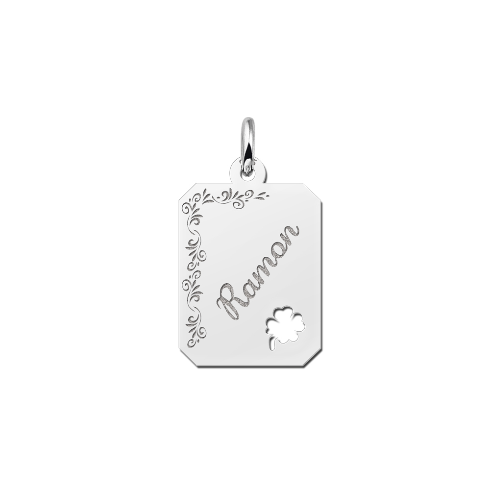 Silver engraved rectangle nametag flower design 4leafclover