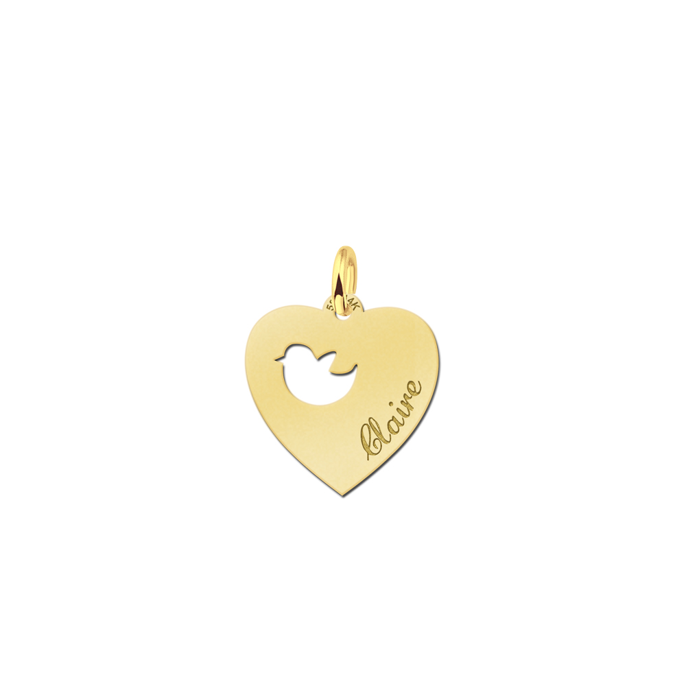 Silver engraved kids heart nametag bird