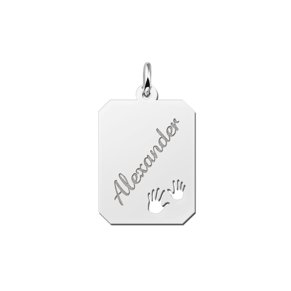 Silver engraved rectangle16 nametag hands
