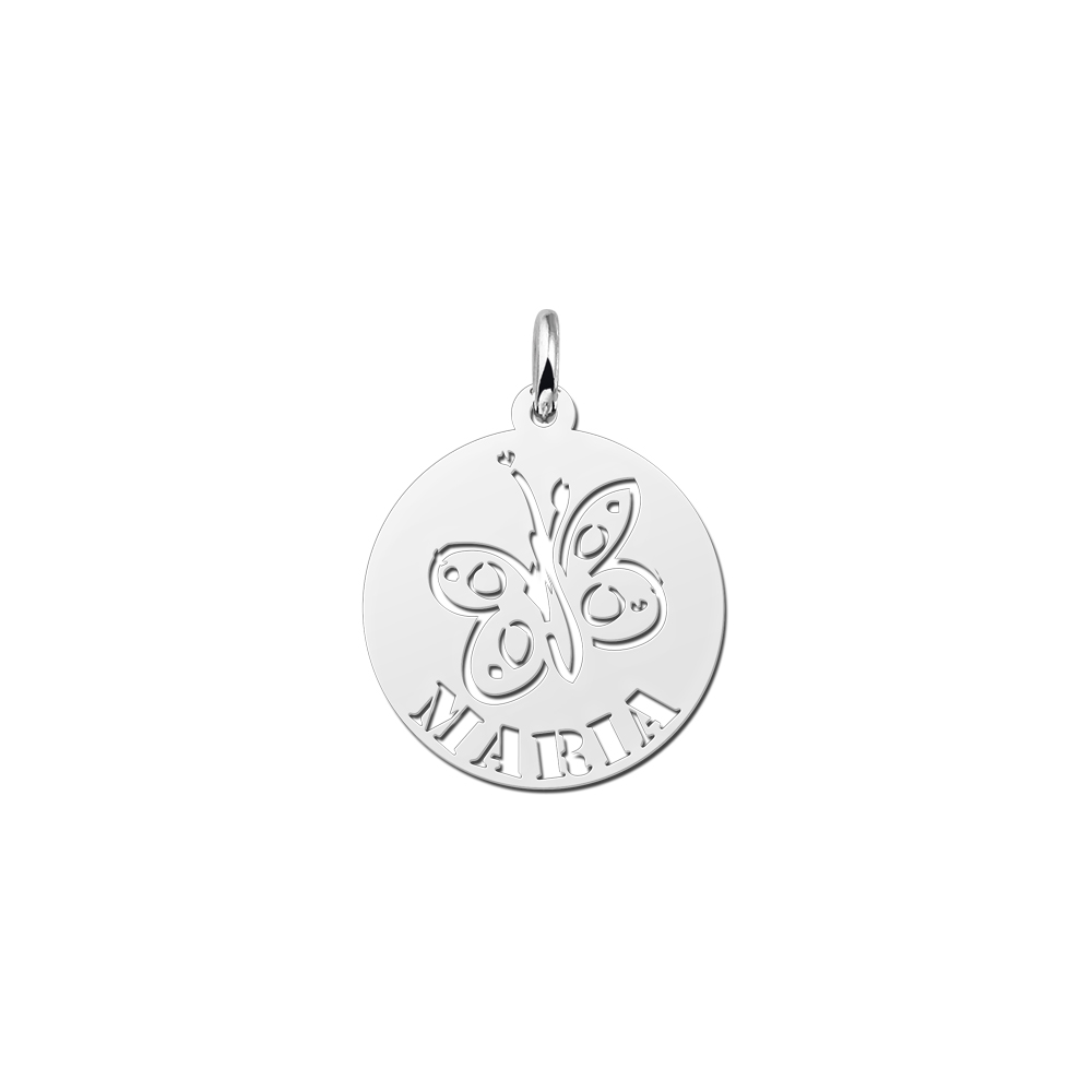 Round Silver Pendant with Butterfly and Name