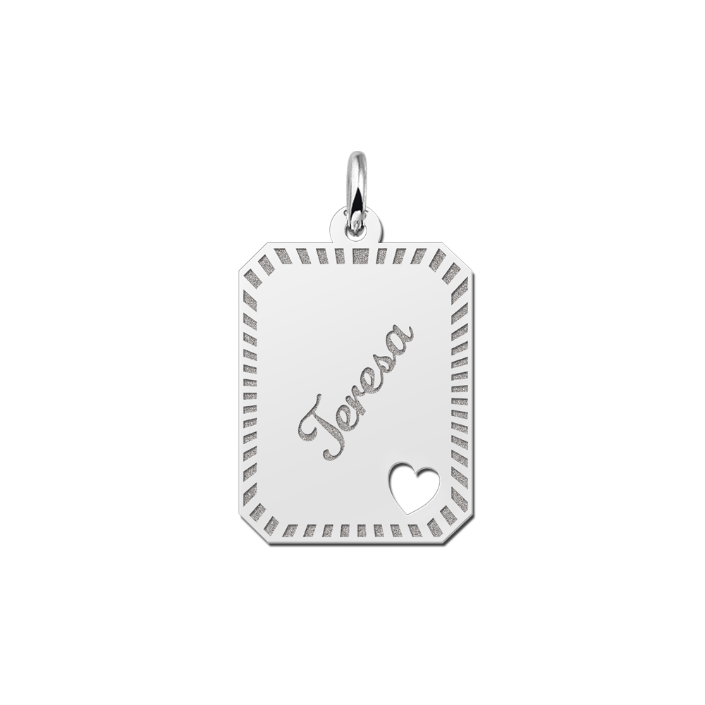 Silver engraved rectangle16 nametag design heart