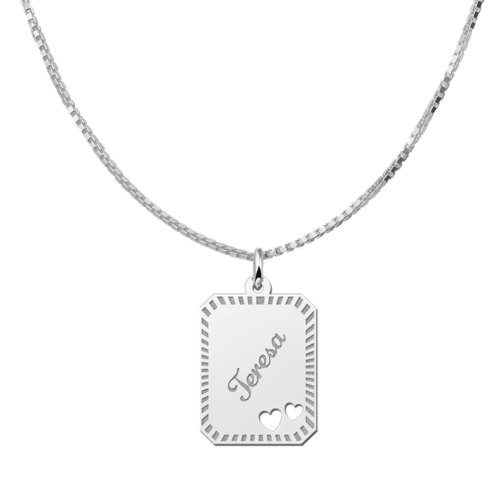 Silver engraved rectangle16 nametag design hearts