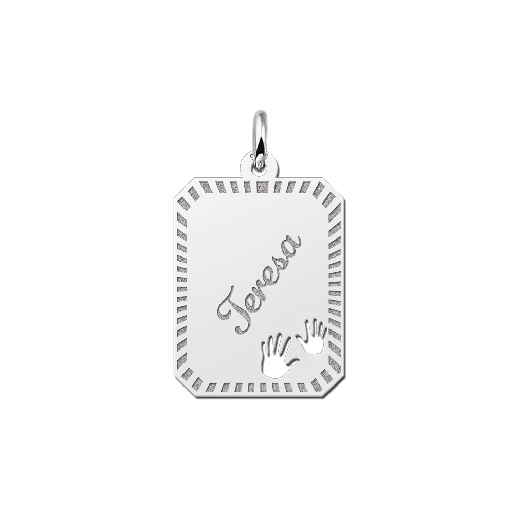 Silver engraved rectangle16 nametag design hands
