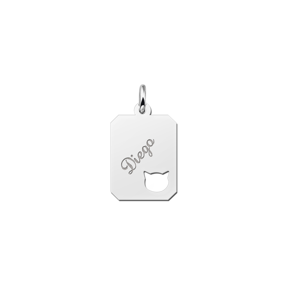 Silver engraved kids rectangle nametag catshead