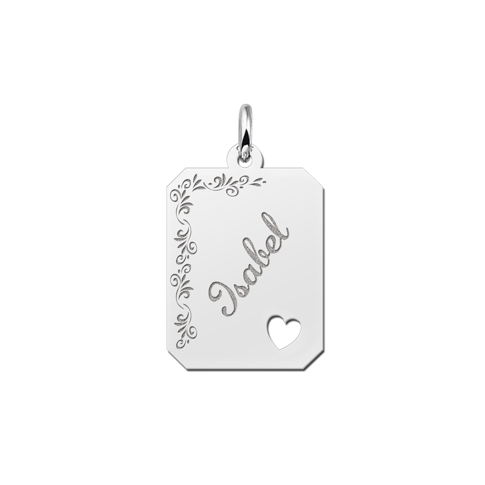 Silver engraved rectangle16 nametag flower design heart