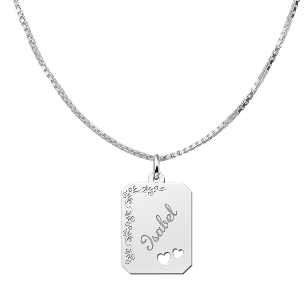 Silver engraved rectangle16 nametag flower design hearts