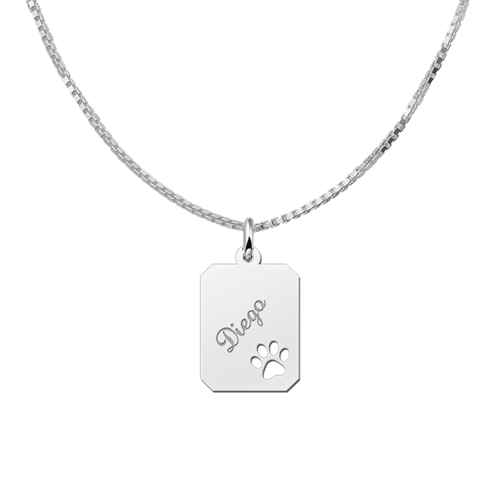 Silver engraved kids rectangle nametag paw