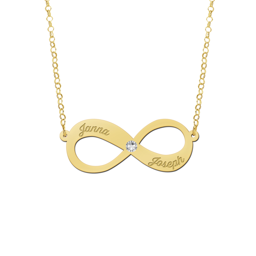 Gold infinity necklace with zirconia and two engraved names
