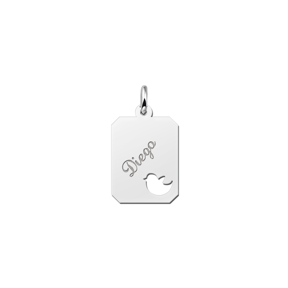 Silver engraved kids rectangle nametag bird