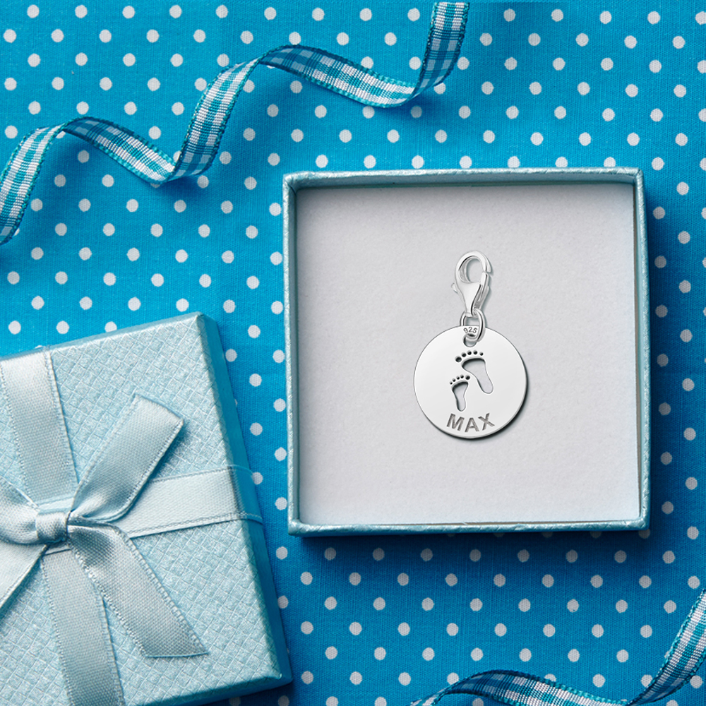 Sterling silver baby charm with footprints and name