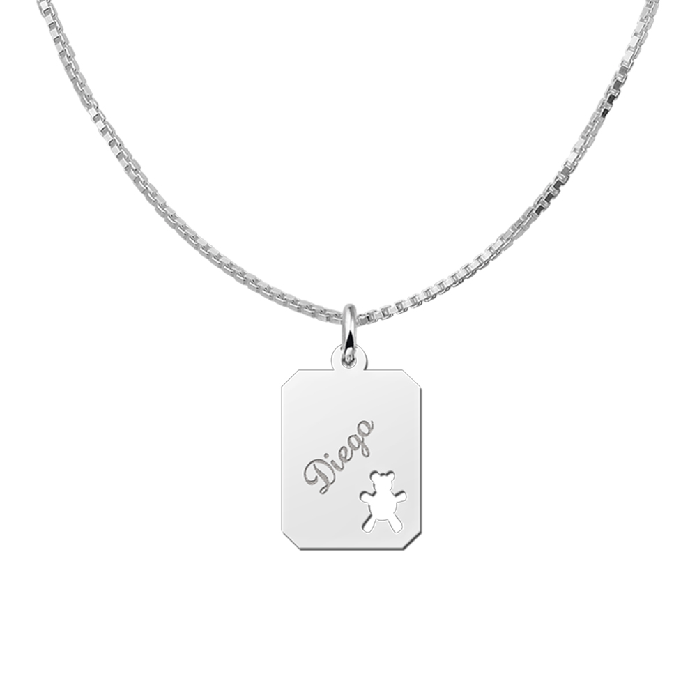 Silver engraved kids rectangle nametag bear