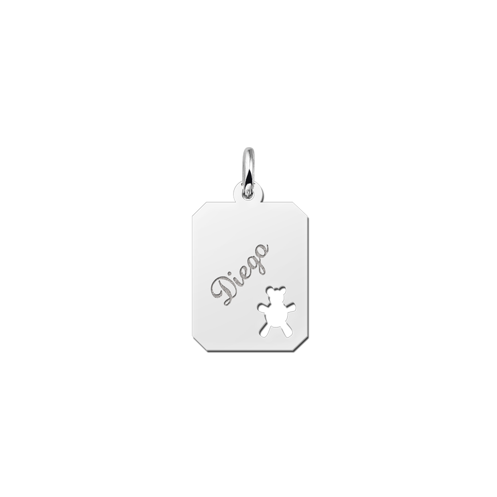 Silver engraved kids rectangle nametag bear