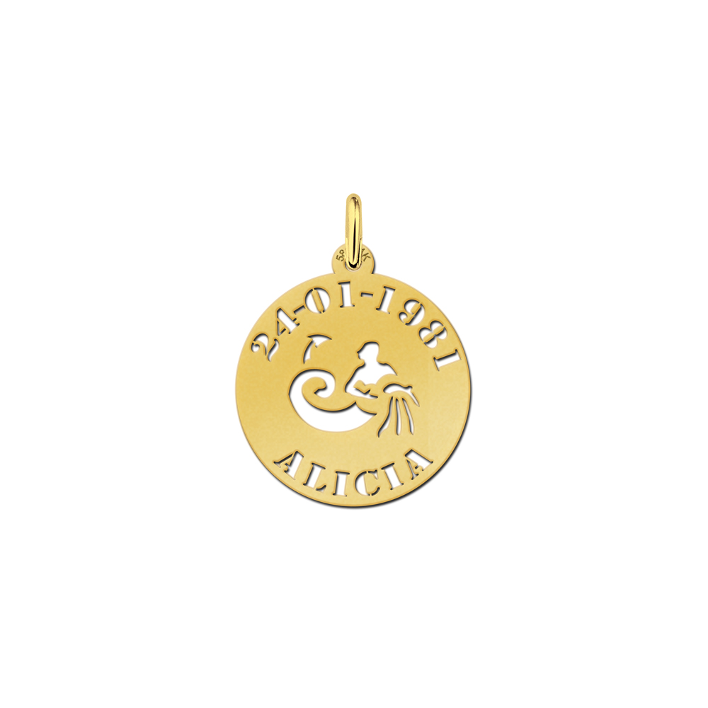 Golden zodiac round namependant Aquarius