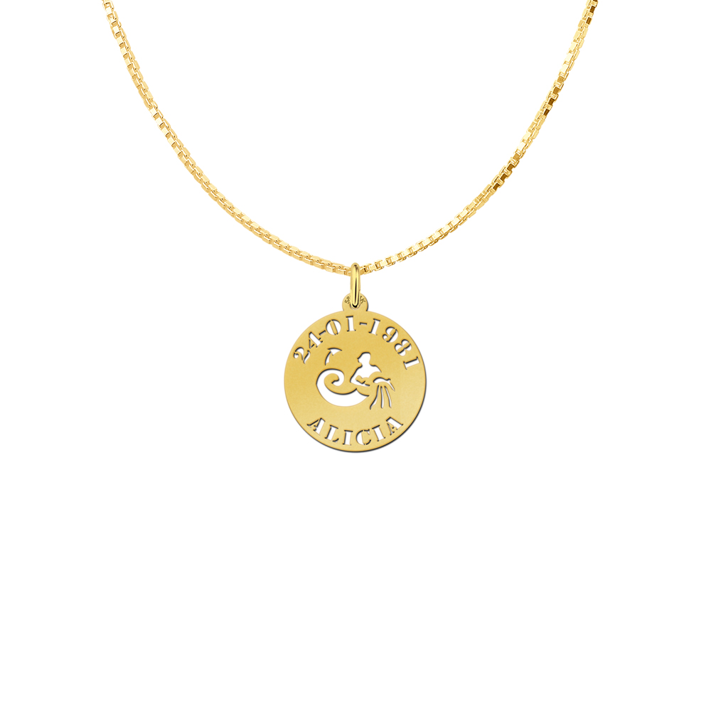 Golden zodiac round namependant Aquarius