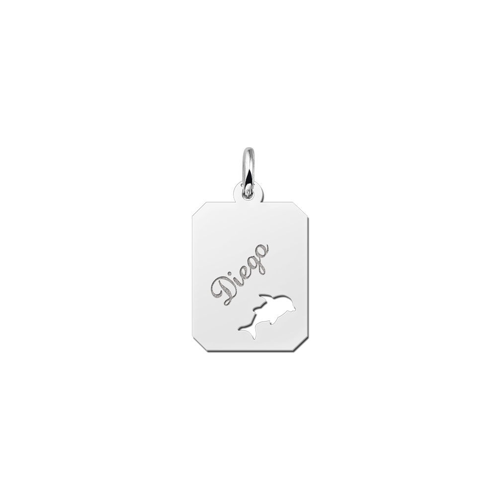 Silver engraved kids rectangle nametag dolphin