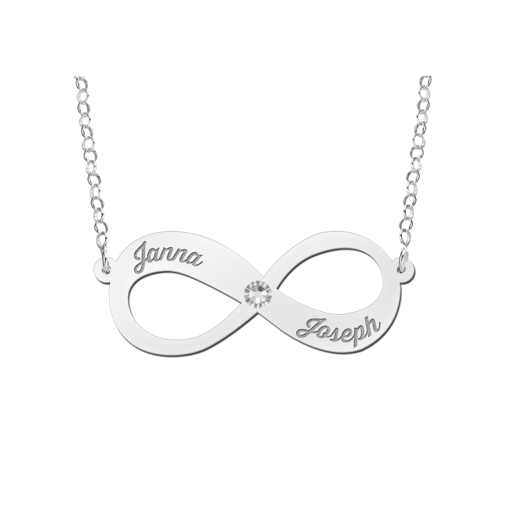Infinity name necklace with two names and zirkonia