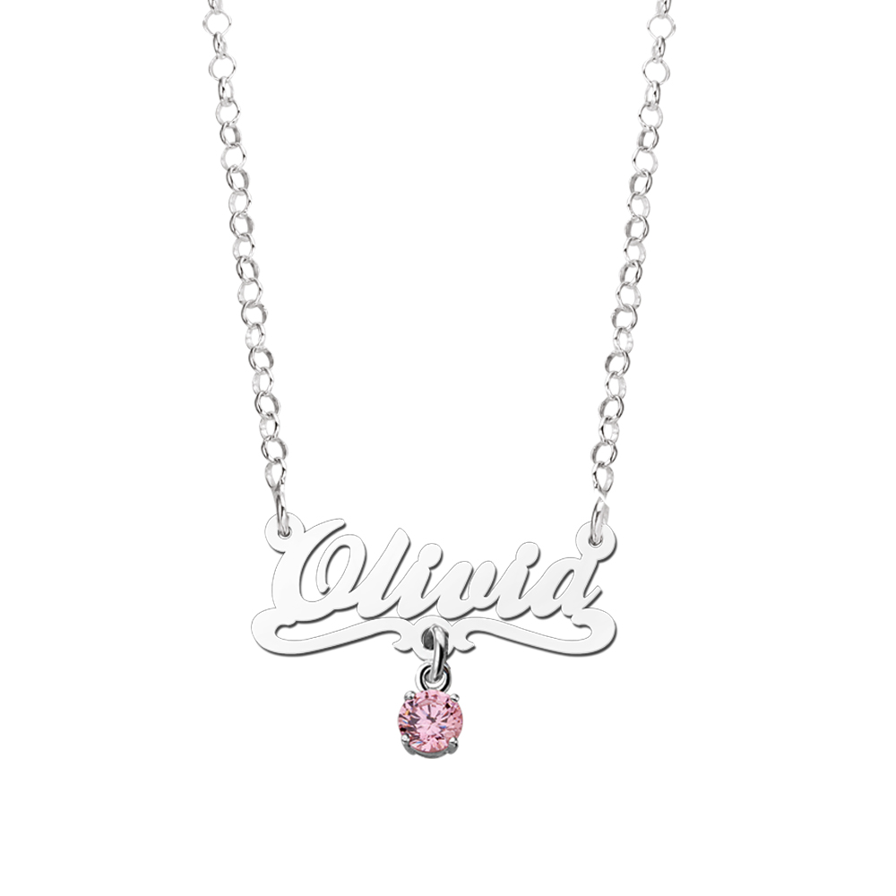 Silver child’s name necklace, model Olivia pink