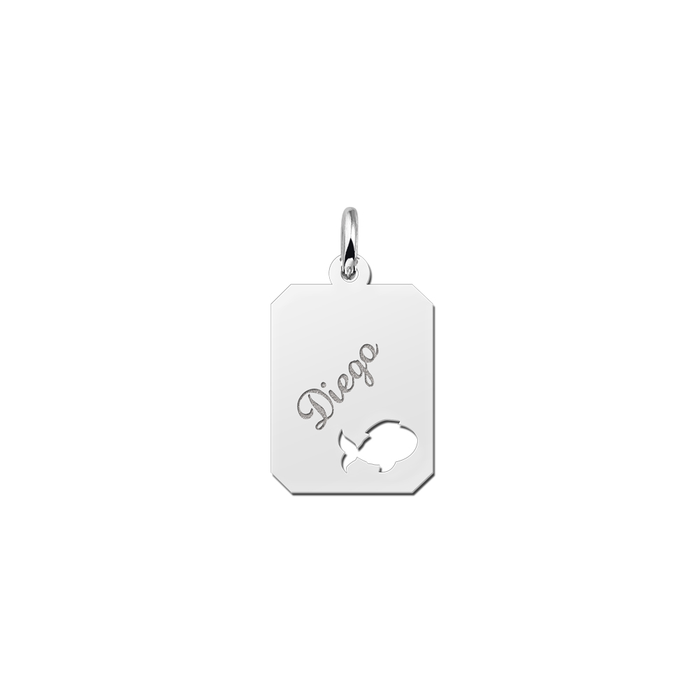 Silver engraved kids rectangle nametag  fish