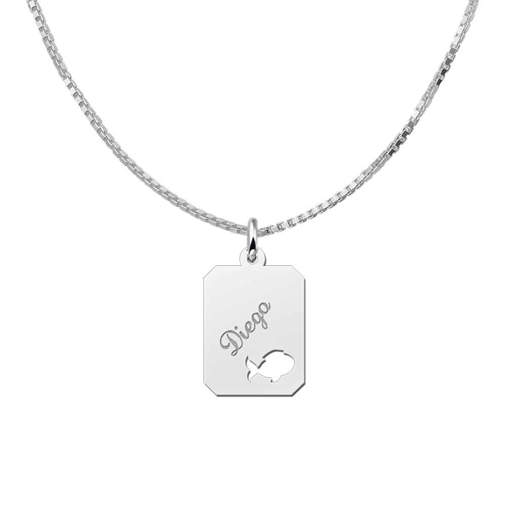 Silver engraved kids rectangle nametag  fish
