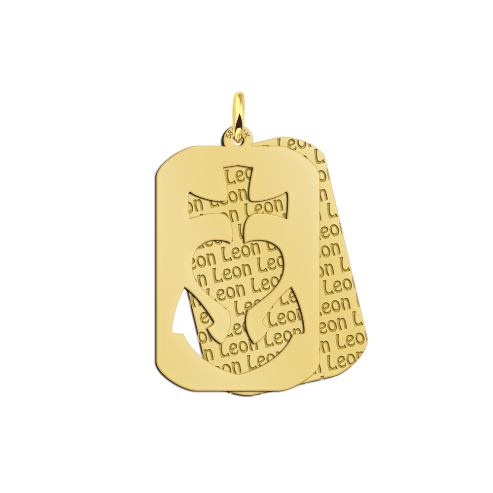 Gold dog tag pendant with double plate, engraved name pattern and cut-out design