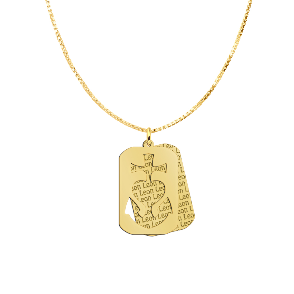 Gold dog tag pendant with double plate, engraved name pattern and cut-out design