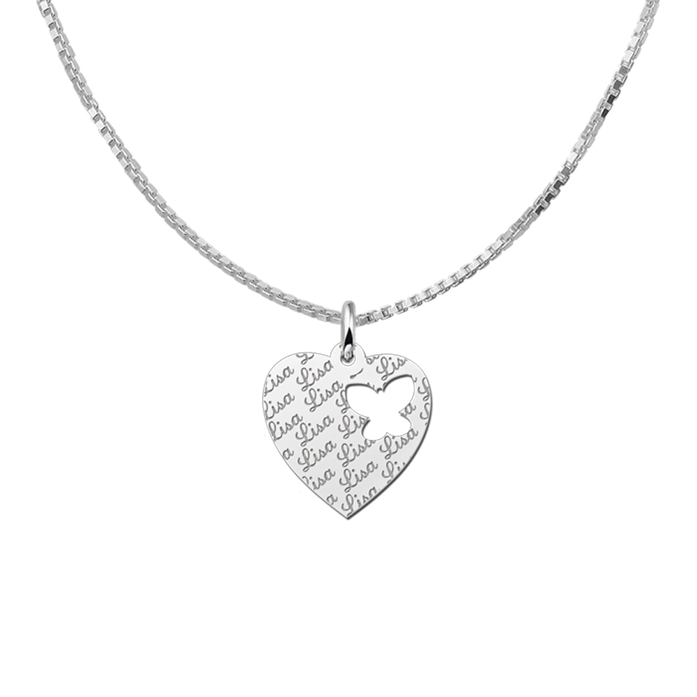 Silver engraved kids heart nametag repeat butterfly
