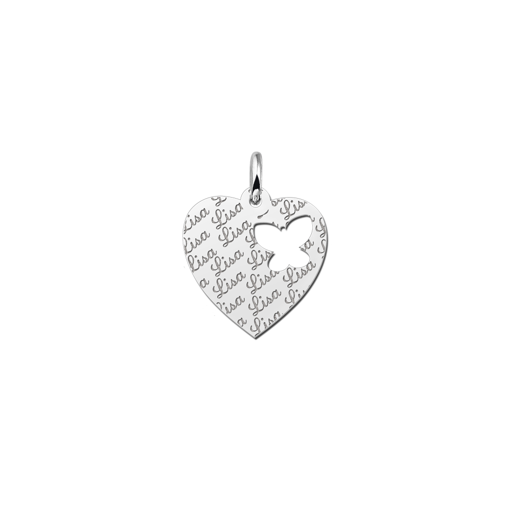 Silver engraved kids heart nametag repeat butterfly