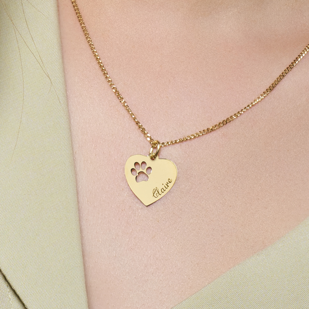 Gold Engraved kids heart nametag paw