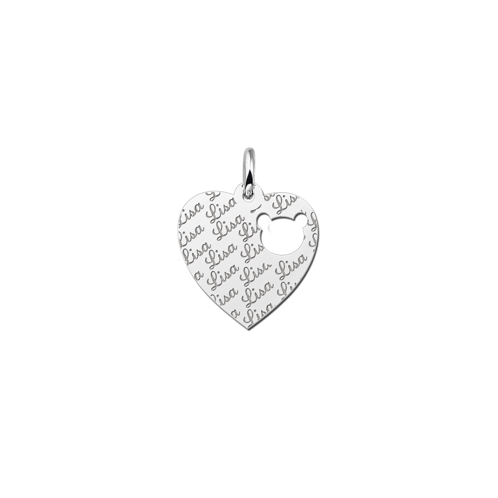 Silver engraved kids heart nametag repeat bearshead
