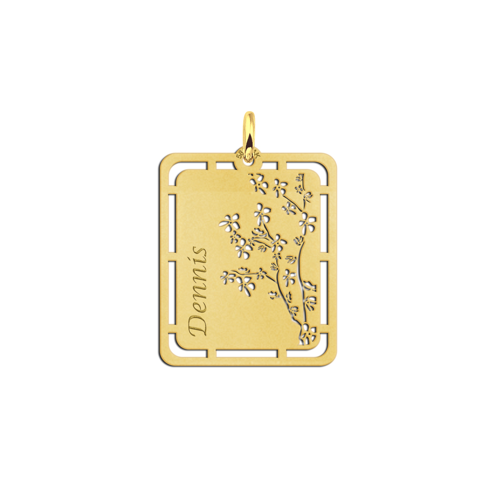 Gold pendant with floral design and name engraving