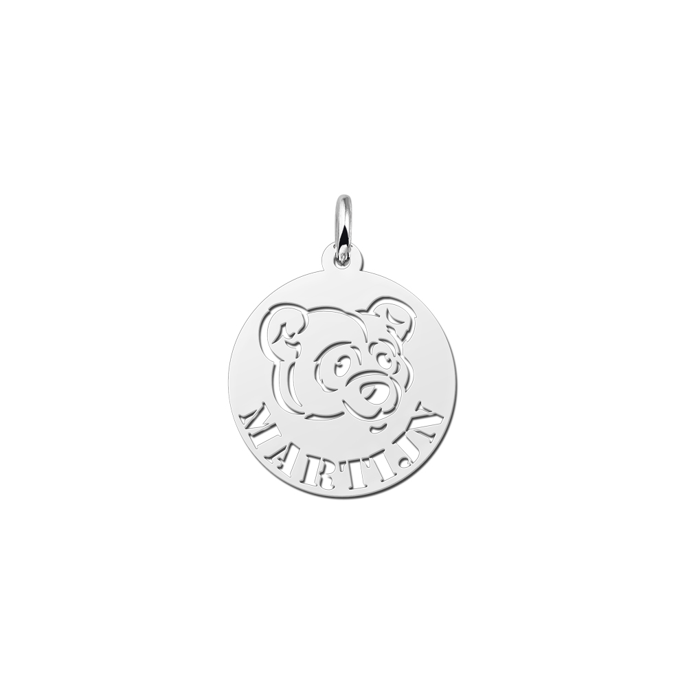 Round Silver Pendant with Bear and Name