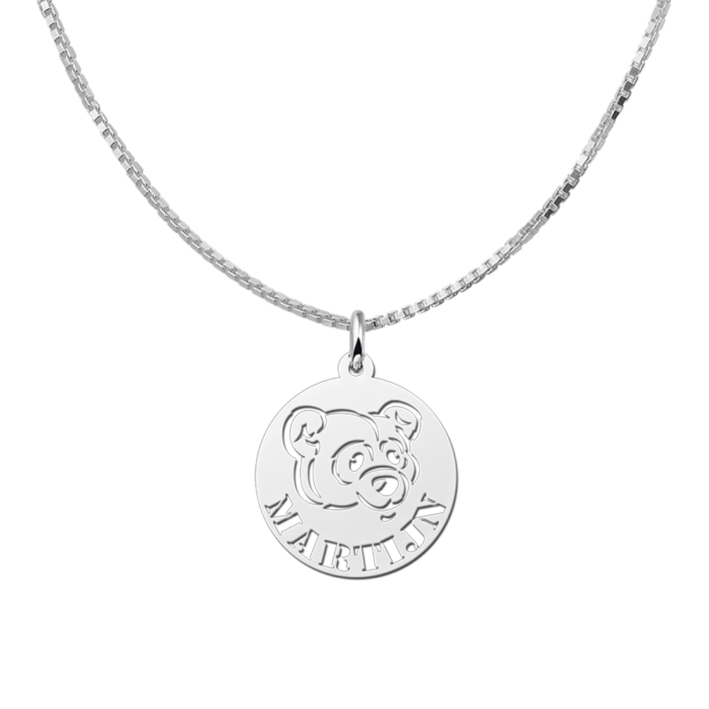 Round Silver Pendant with Bear and Name