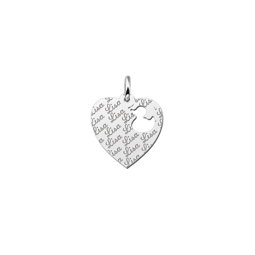 Silver engraved kids heart nametag repeat duck